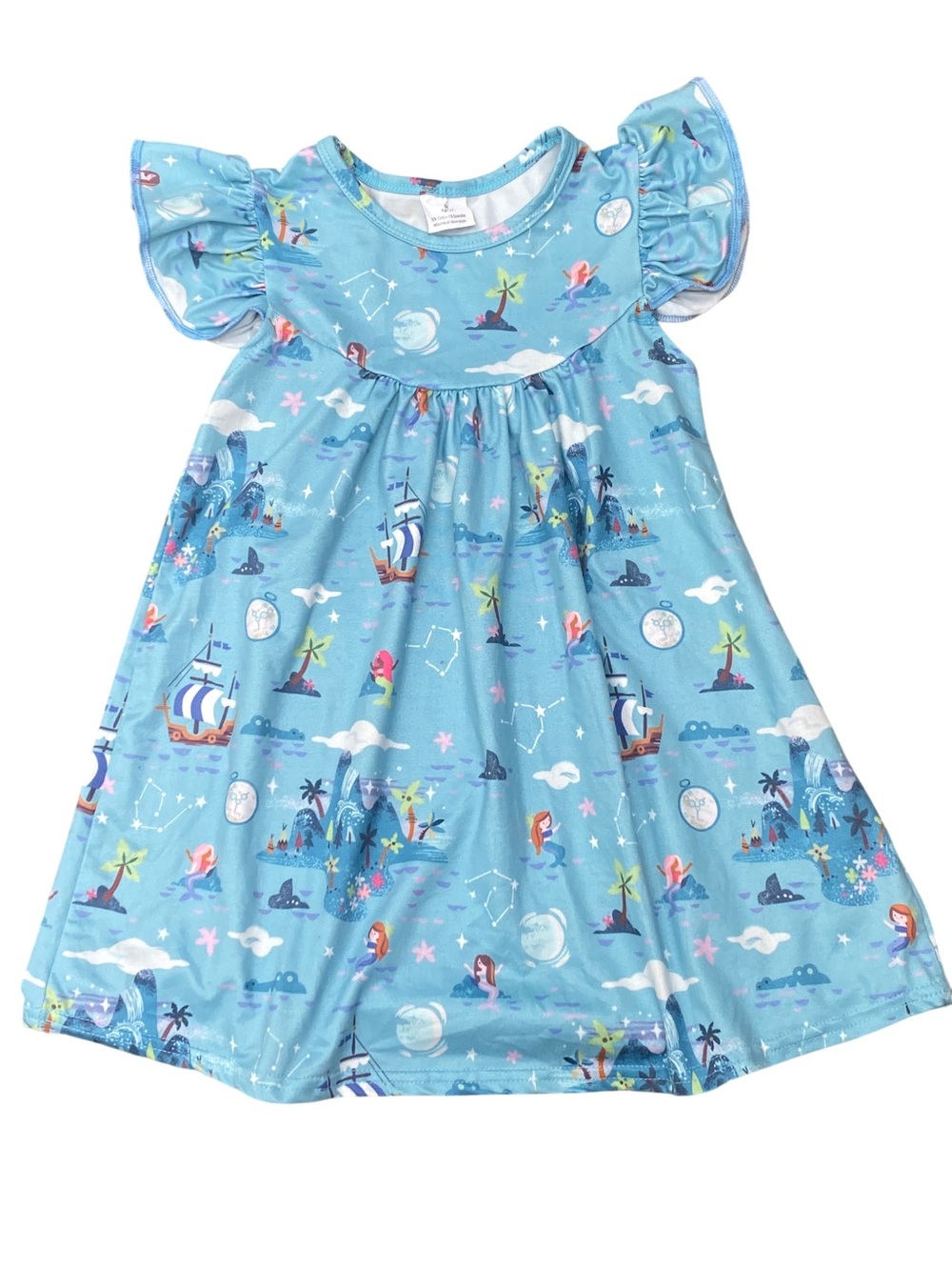 Girls Mermaid/Pirate Print Milk Silk Flutter Sleeve Boutique Dress Size M (3T)